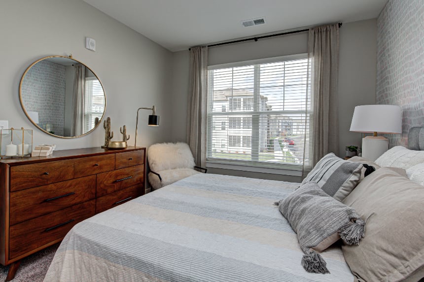 Model bedroom in Zionsville apartment